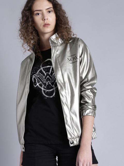 

Kook N Keech Women Silver-Toned Solid Bomber Jacket