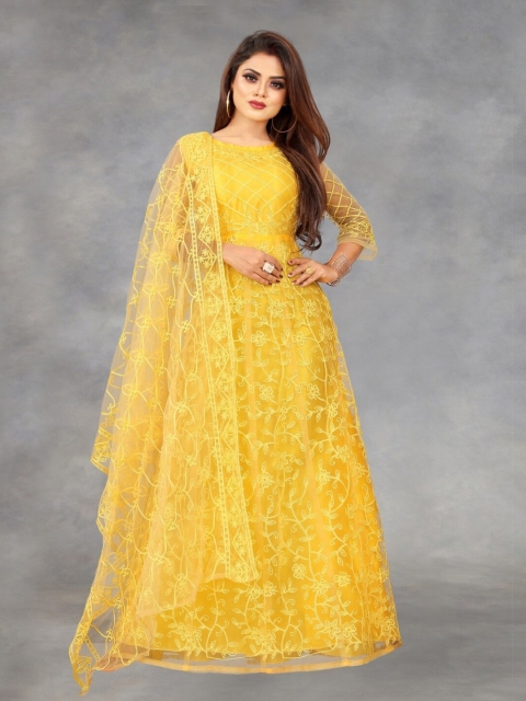 

APNISHA Women Yellow Embroidered Semi-Stitched Gown Material With Dupatta