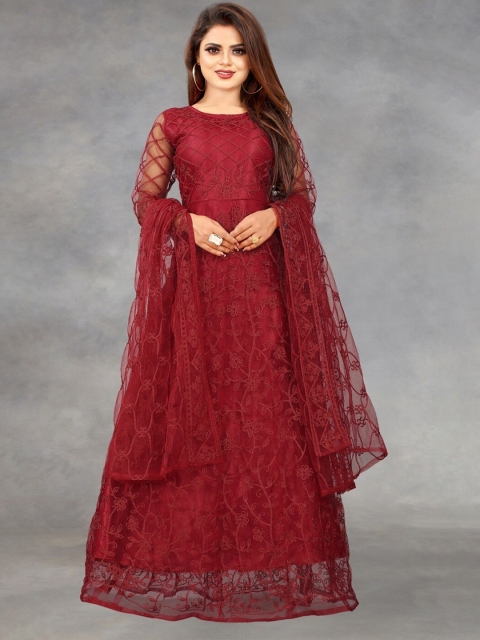 

APNISHA Women Maroon Floral Net Ethnic A-Line Maxi Dress With Dupatta