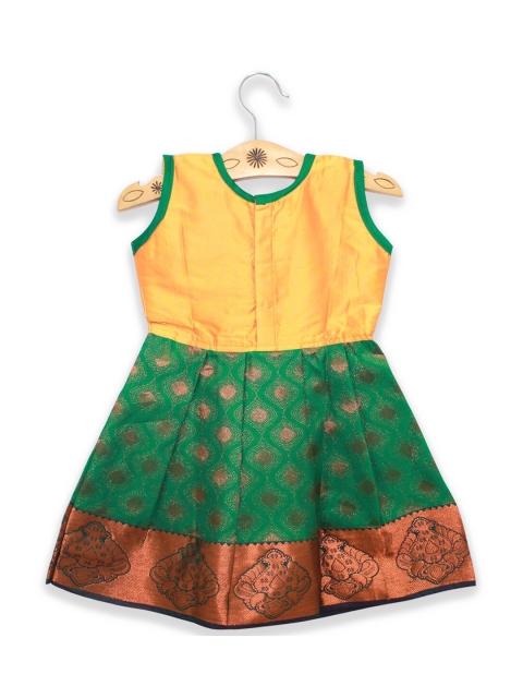 

Born Babies Girls Yellow & Green Ethnic Motifs Embroidered Ethnic Dress