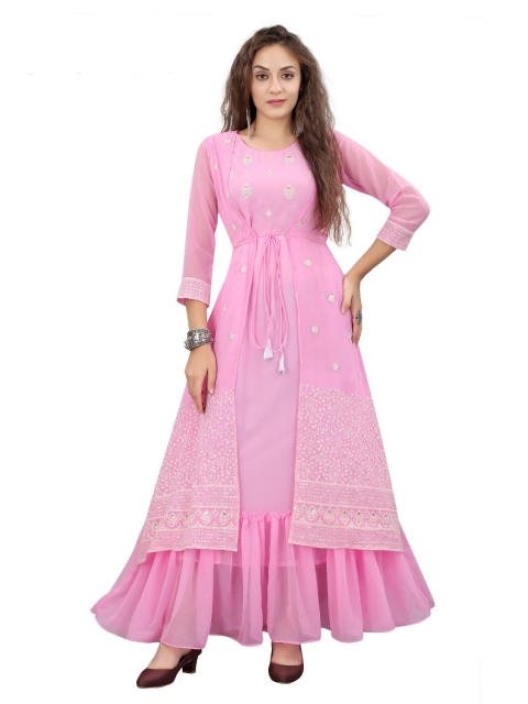 

APNISHA Women Pink Embroidered Georgette Ethnic Maxi Dress
