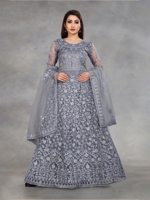 

APNISHA Women Grey Floral Net Semi Stitched Maxi Dress With Dupatta