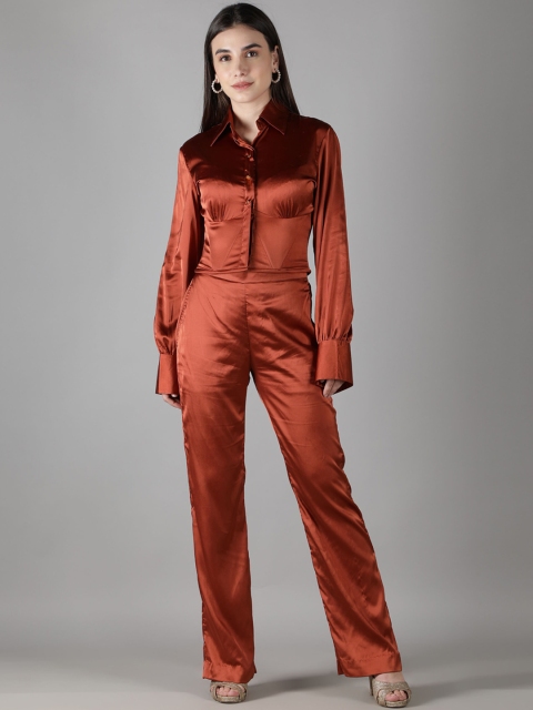 

SHABERRY Women Rust Orange Solid Co-Ords