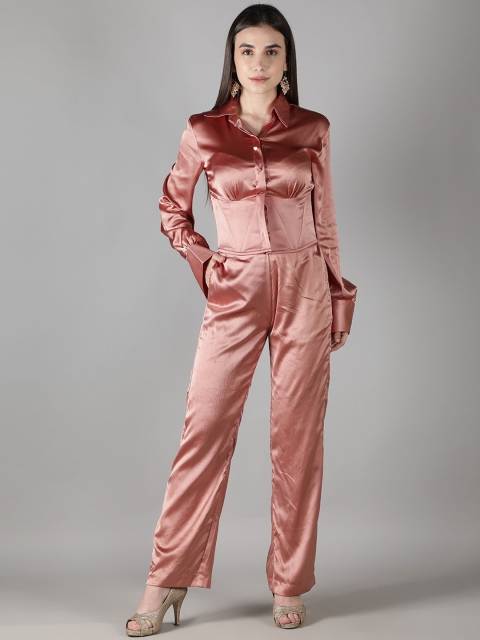 

SHABERRY Women Peach Solid Cotton Blend Shirt Collar Co-Ords