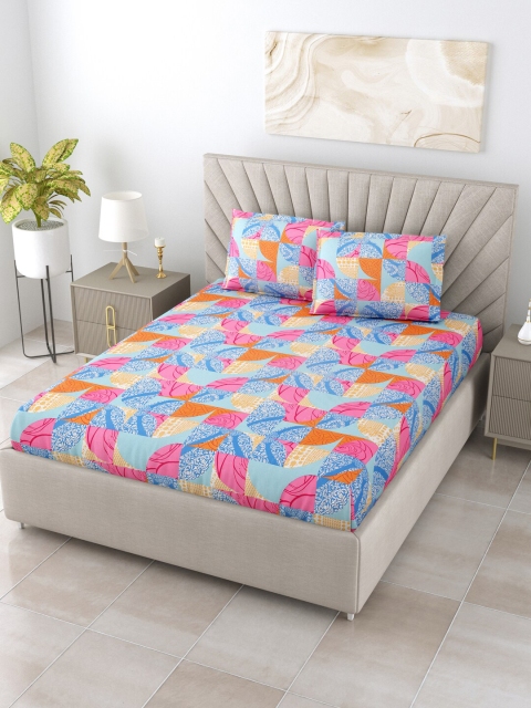 

BOMBAY DYEING Blue & Yellow 104 TC Queen Bedsheet with 2 Pillow Covers