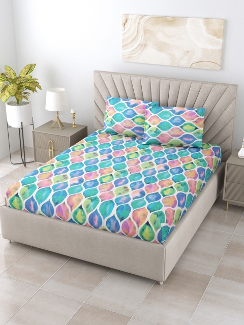 

BOMBAY DYEING Blue & Green Geometric 104 TC Queen Bedsheet with 2 Pillow Covers