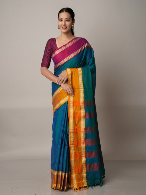 

Unnati Silks Blue & Orange Woven Design Pure Cotton Narayan Peth Saree