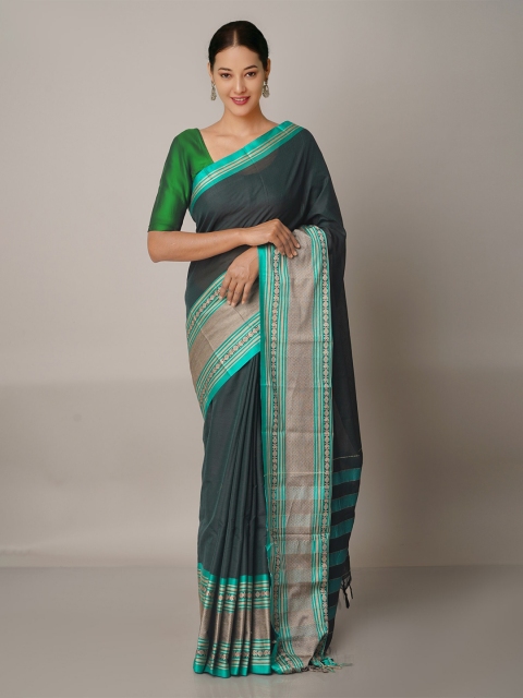 

Unnati Silks Charcoal & Turquoise Blue Woven Design Pure Cotton Narayan Peth Saree