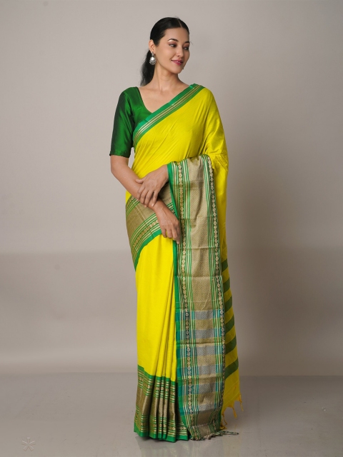 

Unnati Silks Yellow & Green Ethnic Motifs Pure Cotton Narayan Peth Saree