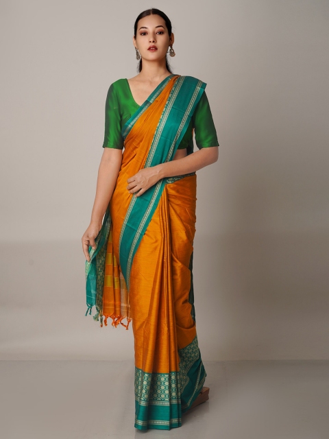 

Unnati Silks Orange & Green Zari Pure Cotton Narayan Peth Saree