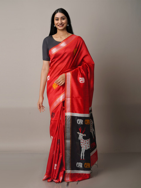 

Unnati Silks Red & Black Woven Design Zari Silk Blend Jamdani Saree