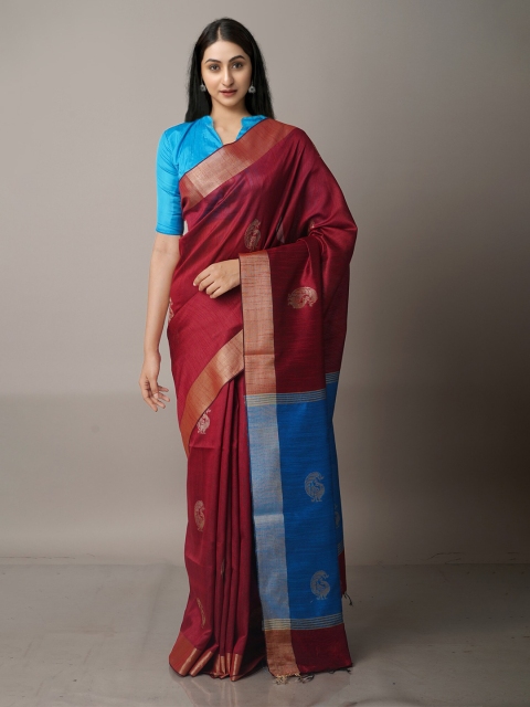 

Unnati Silks Maroon & Blue Woven Design Zari Silk Blend Jamdani Saree