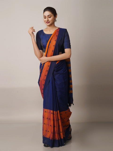 

Unnati Silks Navy Blue & Orange Woven Design Pure Cotton Handloom Narayan Peth Saree