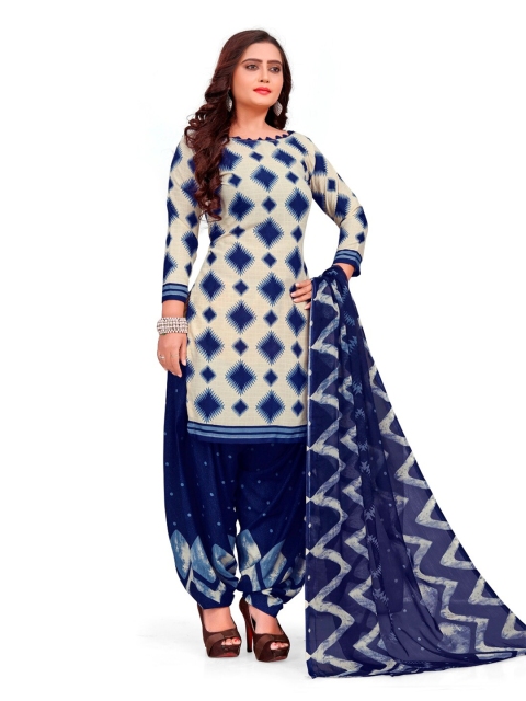 

INDIAN HERITAGE Women Cream-Coloured & Blue Printed Unstitched Dress Material