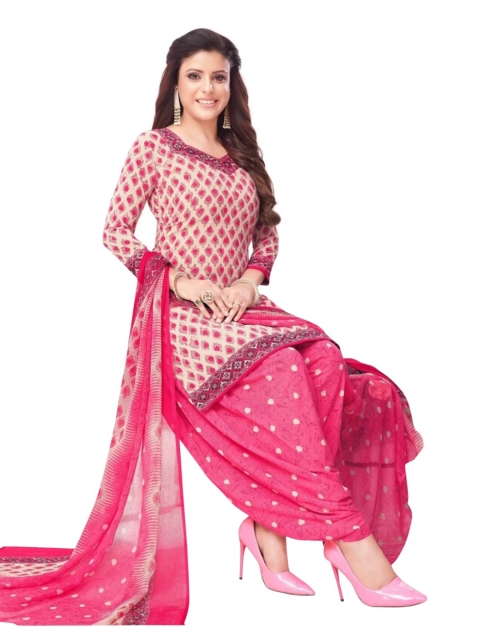 

INDIAN HERITAGE Women Pink & Cream-Coloured Printed Unstitched Dress Material