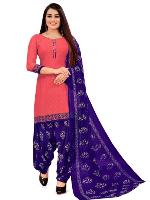 

INDIAN HERITAGE Coral & Navy Blue Printed Unstitched Dress Material