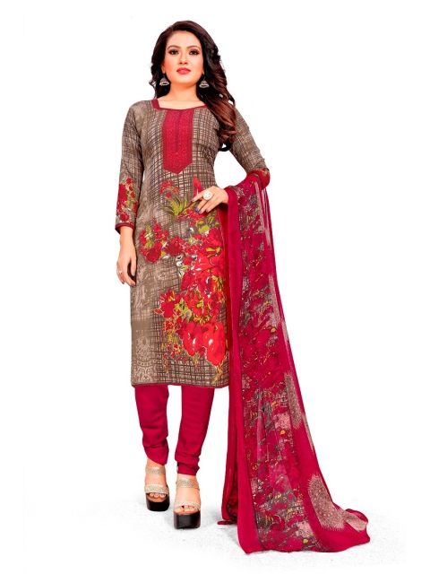 

INDIAN HERITAGE Brown & Red Printed Unstitched Dress Material