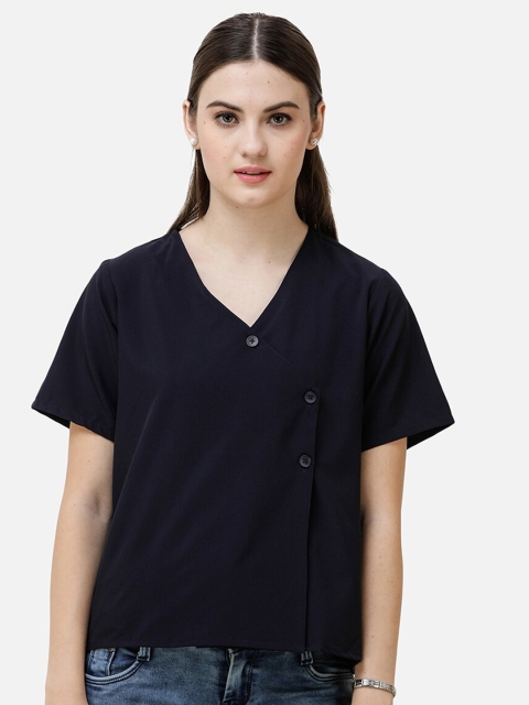 

DECHEN Women Navy Blue Slim Fit Cotton Casual Wrap Shirt