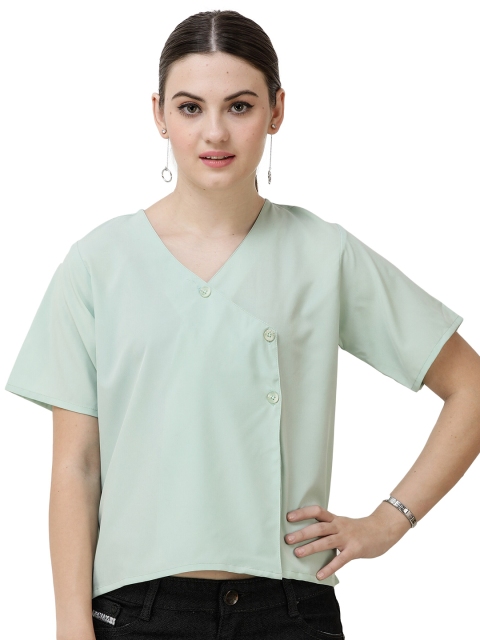 

DECHEN Women Green V-Neck Side Wrap Shirt