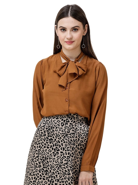 

DECHEN Women Tan Tie-Up Neck Shirt Style Top