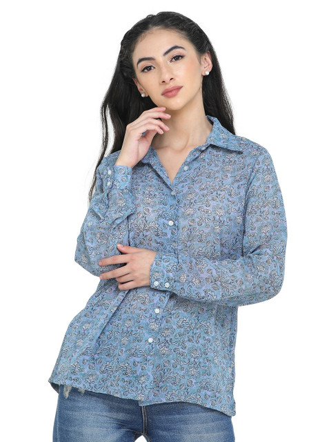 

DECHEN Women Blue Slim Fit Printed Casual Shirt
