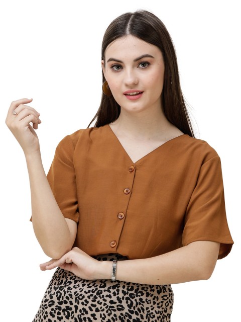 

DECHEN Women Tan Slim Fit V-Neck Casual Cotton Shirt