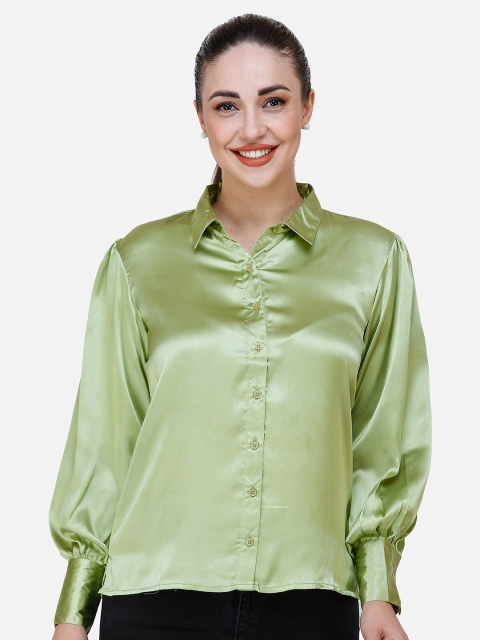 

DECHEN Women Green Slim Fit Solid Satin Casual Shirt