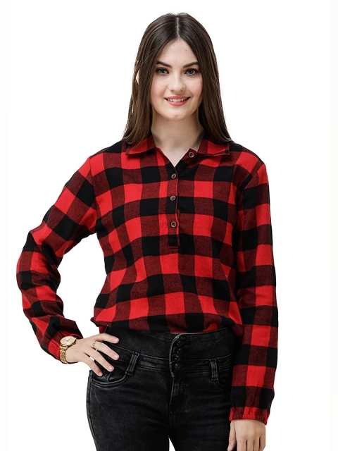 

DECHEN Women Red Cotton Slim Fit Checked Casual Shirt