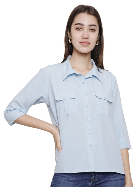 

DECHEN Women Blue Boxy Casual Shirt
