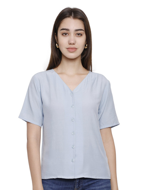 

DECHEN Women Blue Slim Fit Solid V-neck Casual Shirt