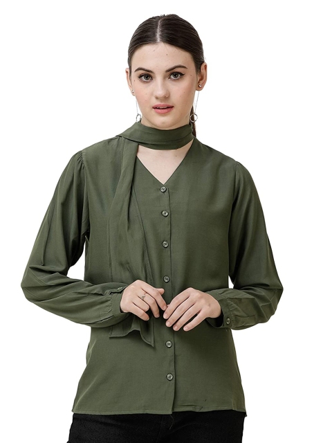

DECHEN Women Olive Green Slim Fit Cotton Casual Shirt