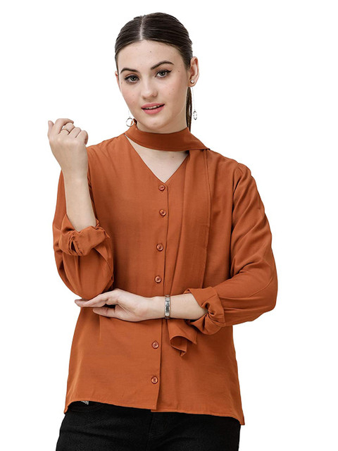 

DECHEN Women Orange Solid Tie up Neck Slim Fit Casual Shirt