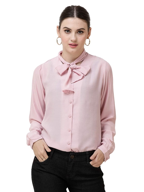 

DECHEN Women Pink Tie-Up Neck Slim Fit Casual Cotton Shirt