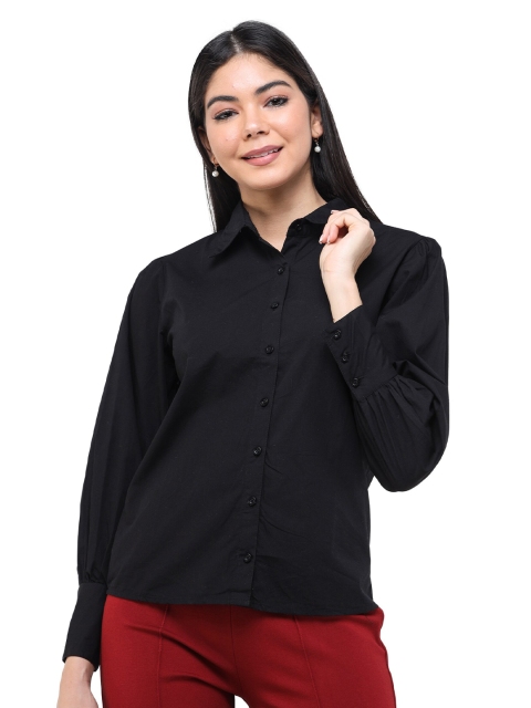

DECHEN Women Black Solid Cotton Long Sleeves Slim Fit Casual Shirt