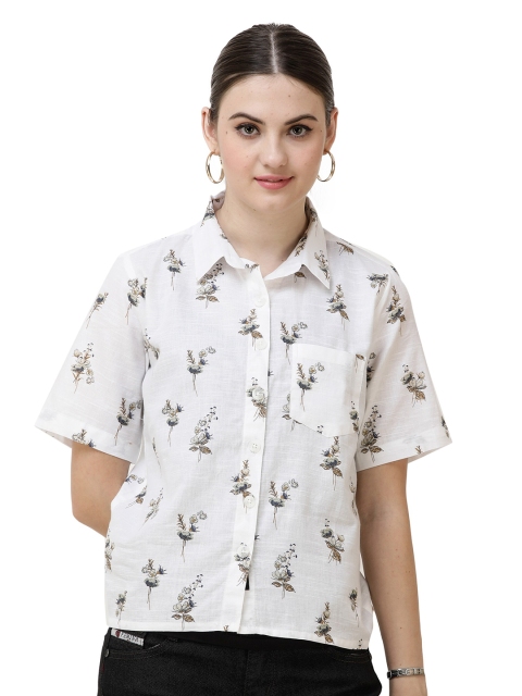 

DECHEN Women White Slim Fit Printed Casual Shirt