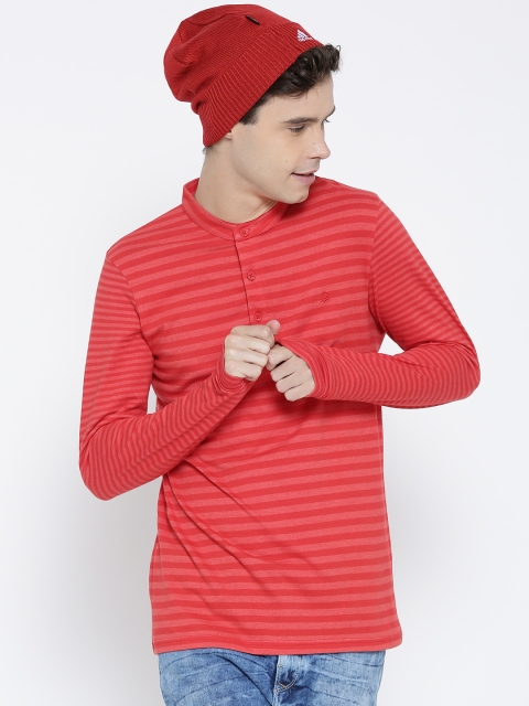 

United Colors of Benetton Men Coral Red Striped Henley Neck T-shirt