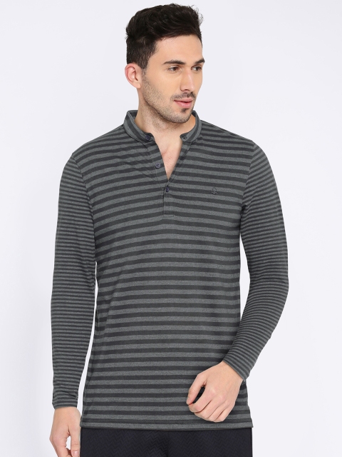 

United Colors of Benetton Men Charcoal Grey Striped Henley Neck T-shirt