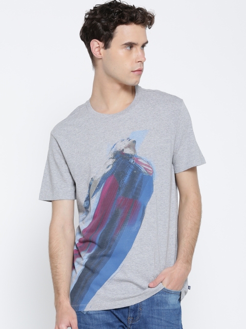 

United Colors of Benetton Men Grey Melange Printed Round Neck Pure Cotton T-shirt