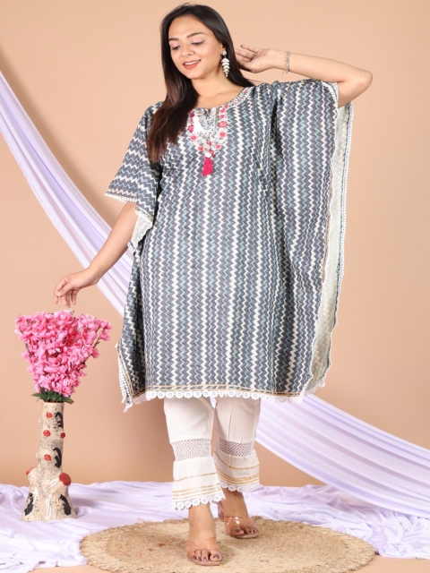 

RUHAZAT Women Grey Printed Thread Work Kaftan Kurta with Trouser Set