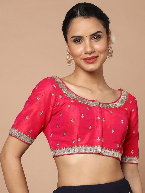 

SALWAR STUDIO Women Rani Pink Embroidered Silk Saree Blouse