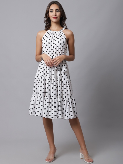 

MARC LOUIS Women White & Black Polka Dots Crepe Dress