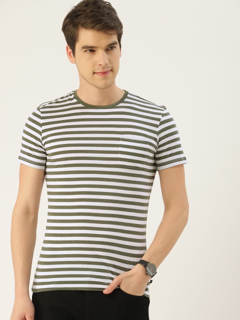 

United Colors of Benetton Men Olive Green & White Striped Round Neck T-shirt