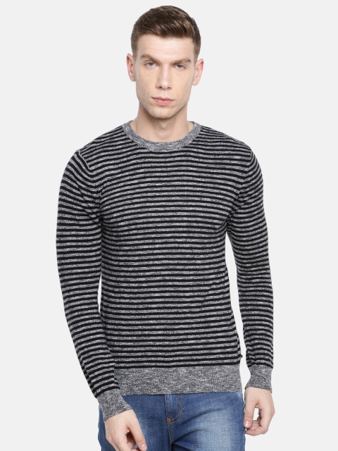 

United Colors of Benetton Men Black & Grey Striped Pullover