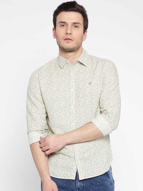 

United Colors of Benetton Men Off-White & Olive Green Slim Fit Printed Casual Shirt