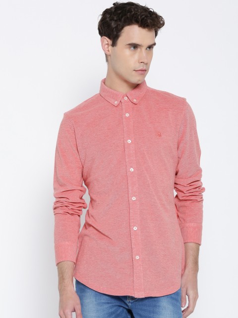 

United Colors of Benetton Men Coral Pink Slim Fit Solid Casual Shirt