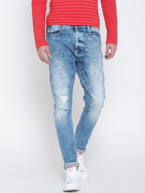 

United Colors of Benetton Men Blue Carrot Slim Fit Mid-Rise Low Distress Stretchable Jeans