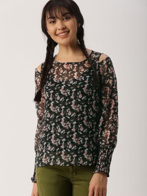 

DressBerry Women Black Printed Semi-Sheer Top