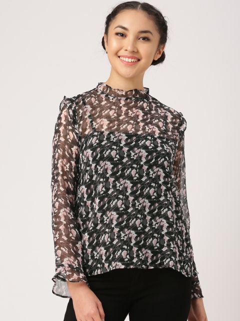 

DressBerry Women Black & Grey Printed Sheer Top