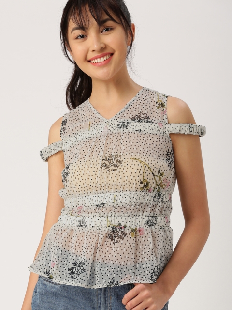 

DressBerry Women White Printed Cinched Waist Top