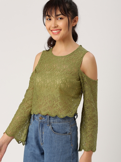

DressBerry Women Green Lace Cold-Shoulder Top